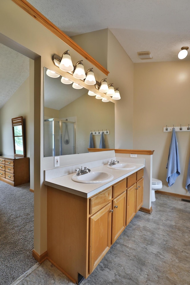 2885 Wynneleaf St, Hilliard, OH 43026 - bathroom with a textured ceiling, vaulted ceiling, double vanity, and a shower stall