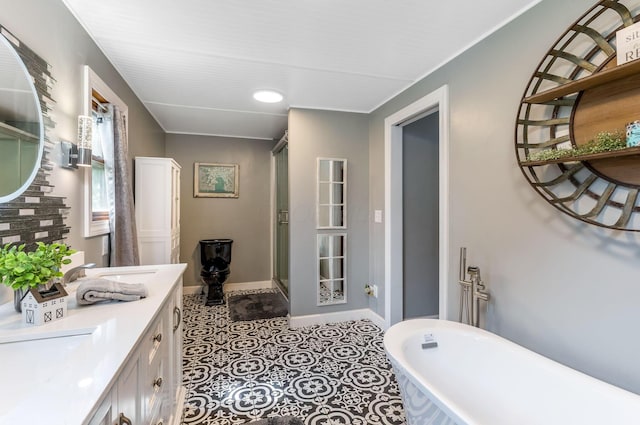 6651 Lancaster Rd, Hebron, OH 43025 - full bathroom featuring a soaking tub, double vanity, and a shower stall