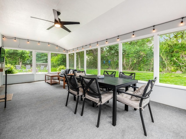 5247 Heathmoor St, Columbus, OH 43235 - sunroom / solarium with ceiling fan, carpet flooring, outdoor dining space, and vaulted ceiling