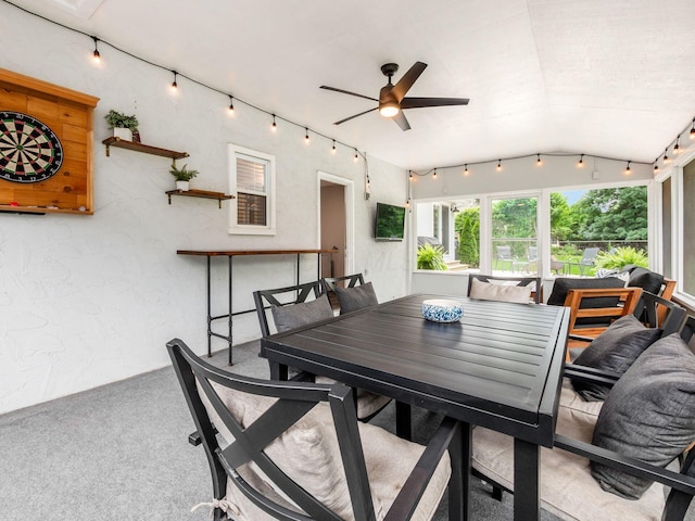 5247 Heathmoor St, Columbus, OH 43235 - carpeted dining room featuring ceiling fan, lofted ceiling, and a textured wall