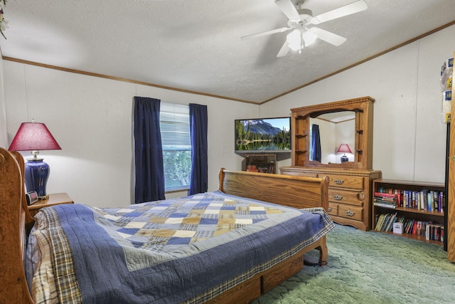 11791 Coontz Rd, Orient, OH 43146 - carpeted bedroom featuring ornamental molding, vaulted ceiling, a textured ceiling, and a ceiling fan