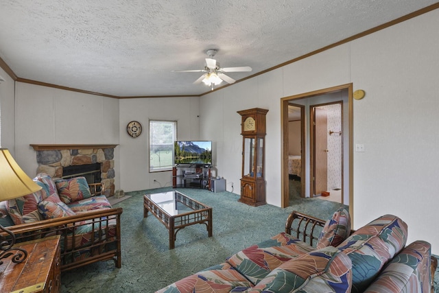 11791 Coontz Rd, Orient, OH 43146 - living room with ornamental molding, carpet flooring, ceiling fan, a textured ceiling, and a stone fireplace