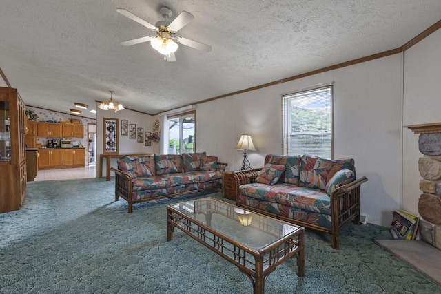 11791 Coontz Rd, Orient, OH 43146 - living room with light colored carpet, ornamental molding, a textured ceiling, lofted ceiling, and ceiling fan