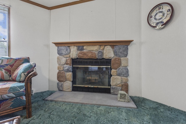 11791 Coontz Rd, Orient, OH 43146 - detailed view of carpet, crown molding, and a fireplace