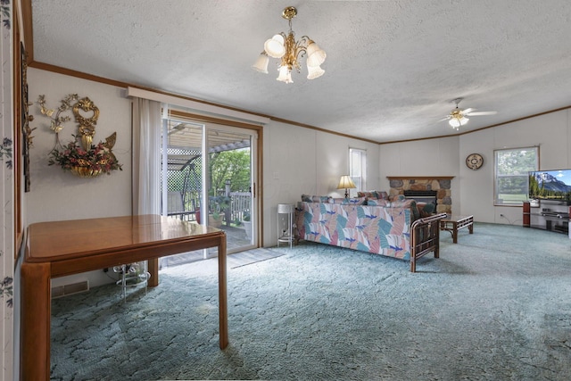 11791 Coontz Rd, Orient, OH 43146 - living area with ornamental molding, a textured ceiling, a chandelier, carpet floors, and a ceiling fan