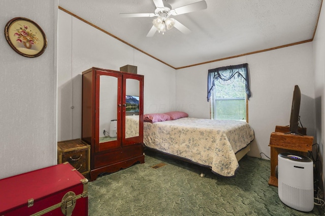 11791 Coontz Rd, Orient, OH 43146 - carpeted bedroom with crown molding, vaulted ceiling, a textured ceiling, and ceiling fan