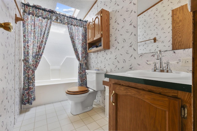 11791 Coontz Rd, Orient, OH 43146 - full bathroom featuring tile patterned floors, vanity, shower / bathtub combination with curtain, wallpapered walls, and a skylight