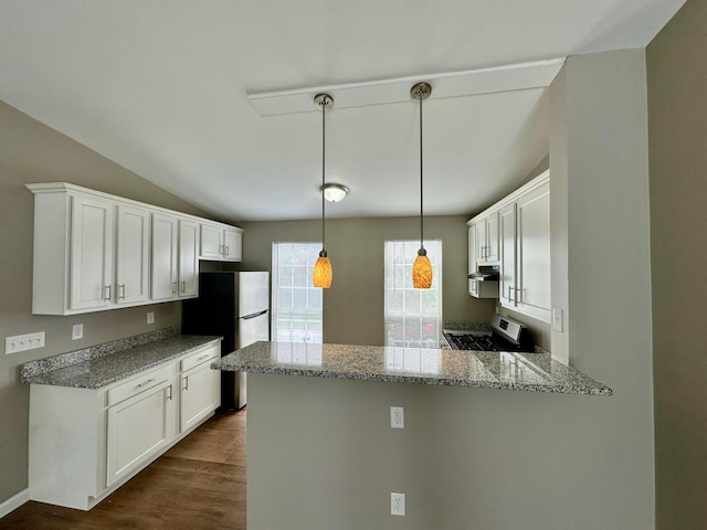 3251 Foxpoint Dr, Hilliard, OH 43026 - kitchen featuring stainless steel appliances, a peninsula, white cabinets, dark wood-style flooring, and light stone countertops