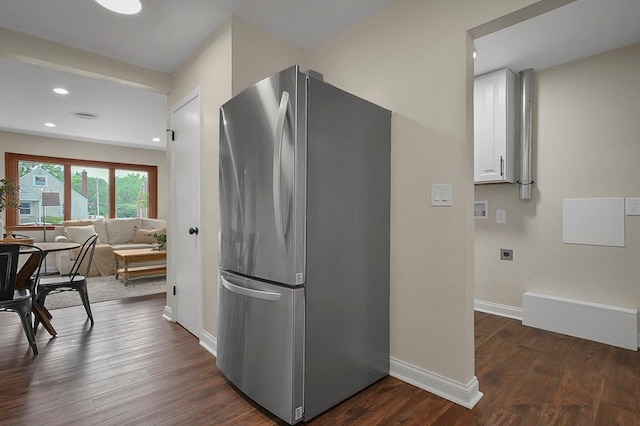 2850 E Moreland Dr, Columbus, OH 43209 - kitchen featuring freestanding refrigerator, dark wood-style flooring, recessed lighting, and white cabinetry