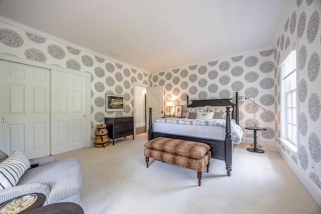 4791 Yantis Dr, New Albany, OH 43054 - bedroom with wallpapered walls, light colored carpet, ornamental molding, a closet, and multiple windows