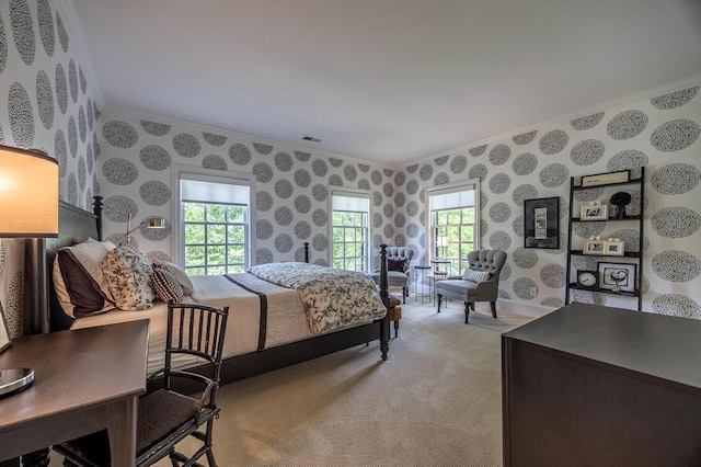 4791 Yantis Dr, New Albany, OH 43054 - bedroom with wallpapered walls, crown molding, multiple windows, and light colored carpet