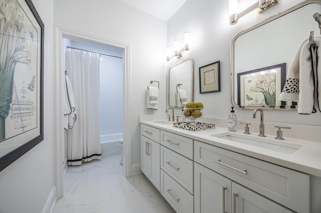 4791 Yantis Dr, New Albany, OH 43054 - bathroom with marble finish floors, double vanity, and shower / bath combination with curtain