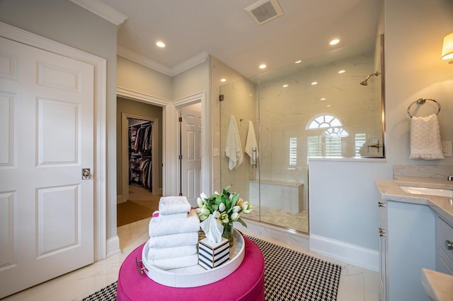 4791 Yantis Dr, New Albany, OH 43054 - bathroom with a shower stall, vanity, ornamental molding, a walk in closet, and recessed lighting