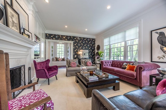 4791 Yantis Dr, New Albany, OH 43054 - living area featuring ornamental molding, a high end fireplace, wallpapered walls, recessed lighting, and light colored carpet