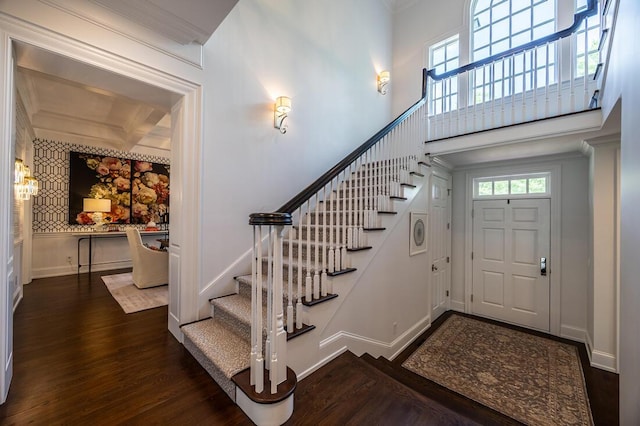 4791 Yantis Dr, New Albany, OH 43054 - entrance foyer with stairway, wood finished floors, and ornamental molding