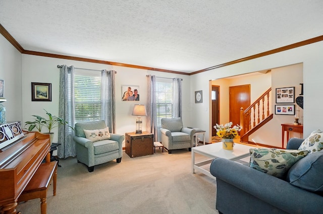 3383 Parkbrook Dr, Grove City, OH 43123 - living room with light carpet, crown molding, stairway, and a textured ceiling