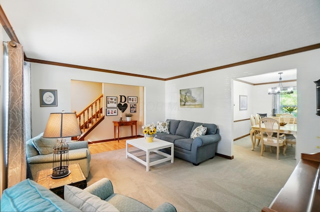 3383 Parkbrook Dr, Grove City, OH 43123 - living room featuring crown molding, stairway, and a chandelier