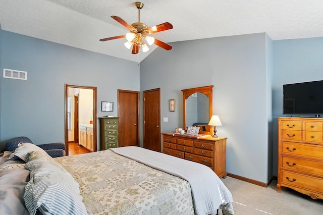 3383 Parkbrook Dr, Grove City, OH 43123 - bedroom with light carpet, high vaulted ceiling, ceiling fan, and connected bathroom