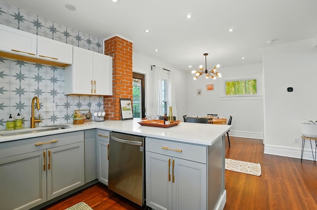 484 Sheldon Ave, Columbus, OH 43207 - kitchen featuring stainless steel dishwasher, gray cabinets, a peninsula, and recessed lighting