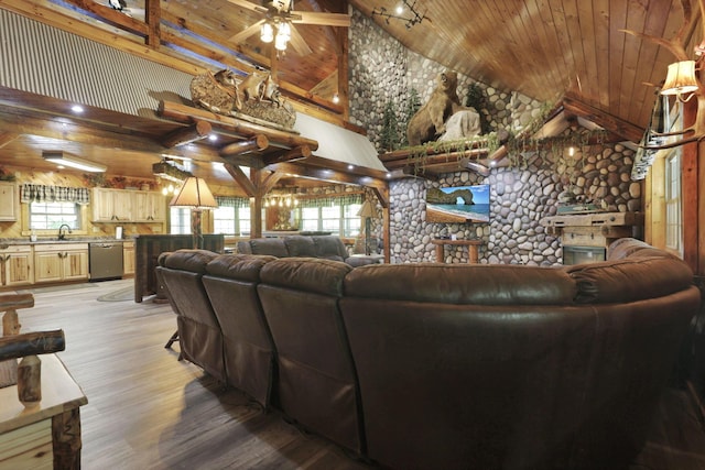 35640 Vickers Rd, Logan, OH 43138 - living area with a wooden ceiling with exposed beams, high vaulted ceiling, light wood finished floors, and ceiling fan