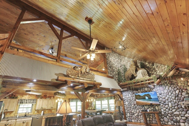 35640 Vickers Rd, Logan, OH 43138 - living area featuring high vaulted ceiling, wooden ceiling, and a ceiling fan