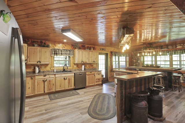 35640 Vickers Rd, Logan, OH 43138 - kitchen with stainless steel appliances, light brown cabinets, light wood-type flooring, and wood ceiling