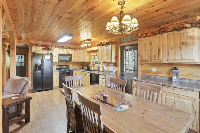 35640 Vickers Rd, Logan, OH 43138 - dining area with a chandelier, wooden ceiling, and light wood-style flooring