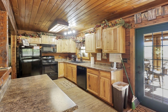 35640 Vickers Rd, Logan, OH 43138 - kitchen with black appliances, light wood-type flooring, wooden ceiling, and light brown cabinets