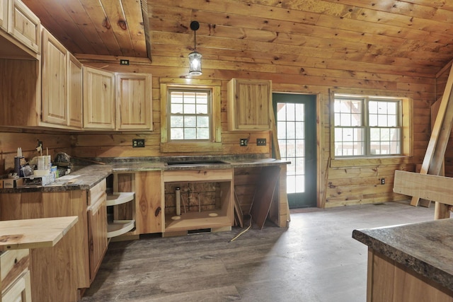 35640 Vickers Rd, Logan, OH 43138 - kitchen with wooden ceiling, wooden walls, light brown cabinets, and decorative light fixtures
