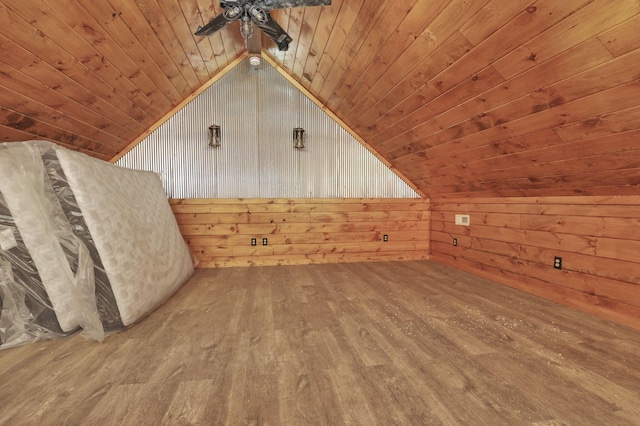 35640 Vickers Rd, Logan, OH 43138 - additional living space featuring wood walls, a ceiling fan, wooden ceiling, hardwood / wood-style floors, and lofted ceiling