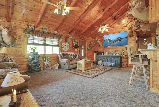 35640 Vickers Rd, Logan, OH 43138 - living room with wood walls, a ceiling fan, a wood ceiling with exposed beams, high vaulted ceiling, and carpet