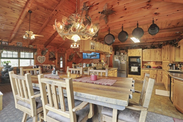 35640 Vickers Rd, Logan, OH 43138 - dining space featuring a chandelier, wood ceiling, wooden walls, and ceiling fan