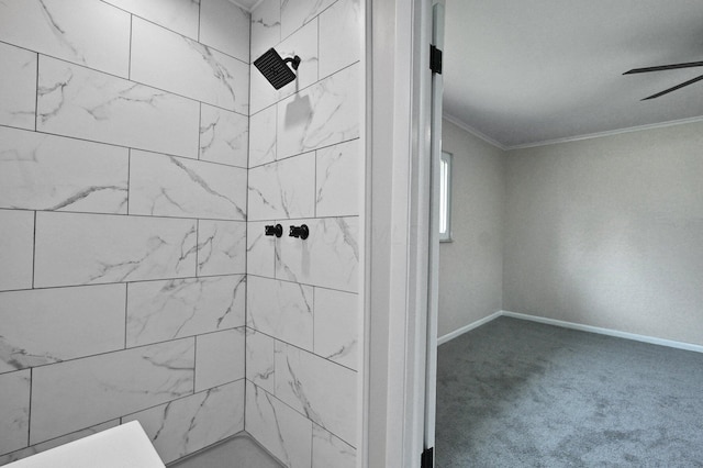 1370 Wiltshire Rd, Columbus, OH 43223 - bathroom featuring crown molding, tiled shower, and a ceiling fan