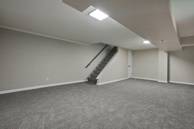 1370 Wiltshire Rd, Columbus, OH 43223 - finished basement featuring stairs, carpet flooring, concrete block wall, and crown molding