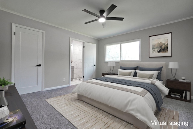 1370 Wiltshire Rd, Columbus, OH 43223 - carpeted bedroom with crown molding, ensuite bathroom, and a ceiling fan