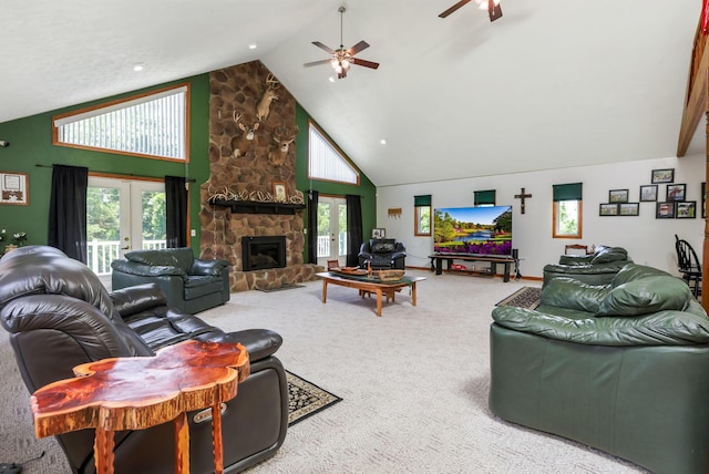 51801 State Route 671, Londonderry, OH 45647 - living area featuring carpet floors, healthy amount of natural light, ceiling fan, high vaulted ceiling, and a fireplace