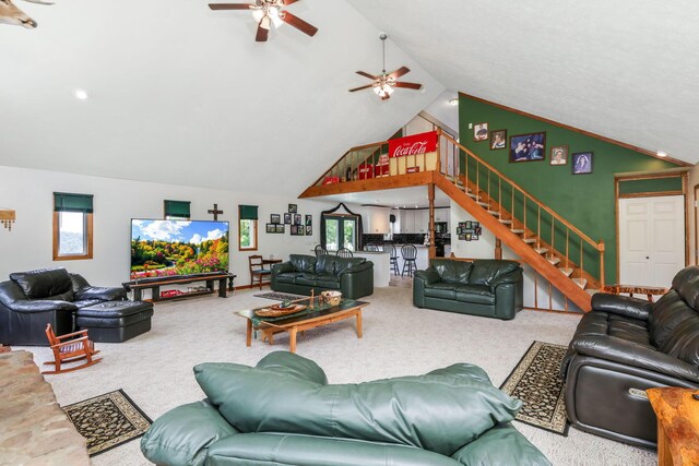51801 State Route 671, Londonderry, OH 45647 - living area with ceiling fan, carpet flooring, high vaulted ceiling, stairway, and recessed lighting