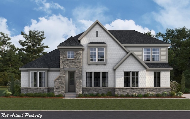 2507 Bent Grass Dr, Beavercreek, OH 45431 - view of front of home with stone siding, a front lawn, and a shingled roof