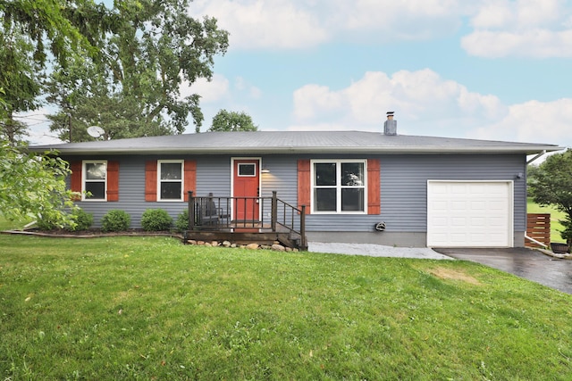4634 State Route 61, Sunbury, OH 43074 - ranch-style house with an attached garage, driveway, a chimney, and a front lawn