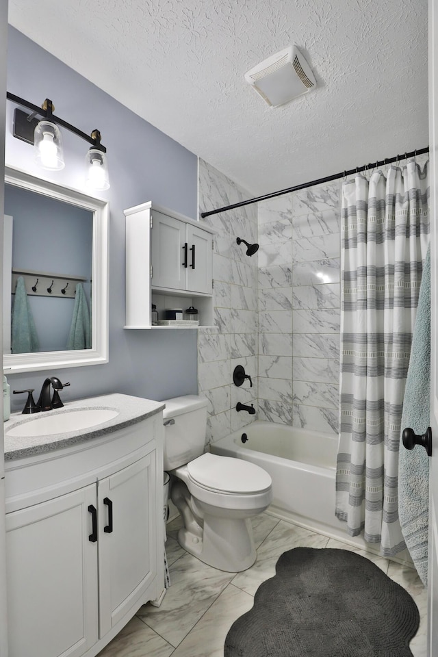 4634 State Route 61, Sunbury, OH 43074 - bathroom featuring marble finish floors, shower / bath combo, vanity, and a textured ceiling
