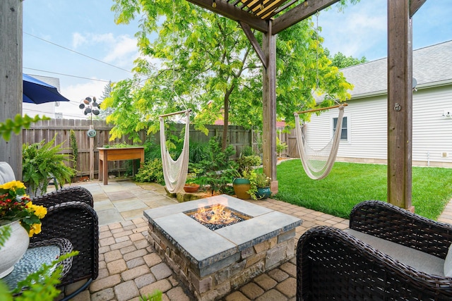 678 S Cassingham Rd, Columbus, OH 43209 - fenced backyard with a fire pit, a patio area, and a pergola