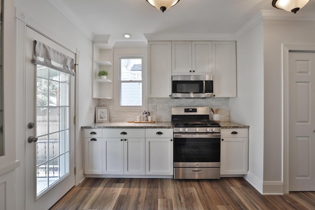 274 E Jenkins Ave, Columbus, OH 43207 - kitchen with stainless steel appliances, crown molding, dark wood-style floors, backsplash, and light stone counters