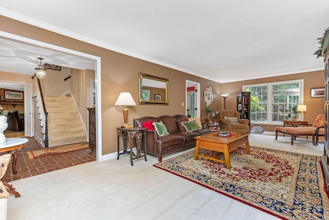 2211 Welsh Hills Rd NE, Granville, OH 43023 - living room with stairway, crown molding, and brick patterned flooring