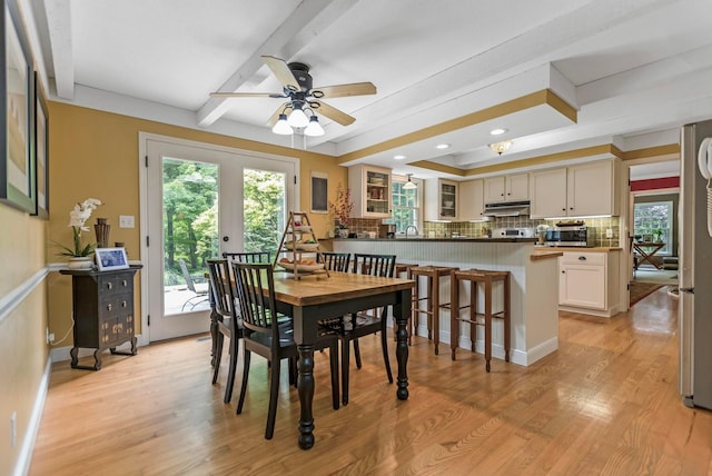 2211 Welsh Hills Rd NE, Granville, OH 43023 - dining space with a ceiling fan, light wood-style flooring, beamed ceiling, and recessed lighting
