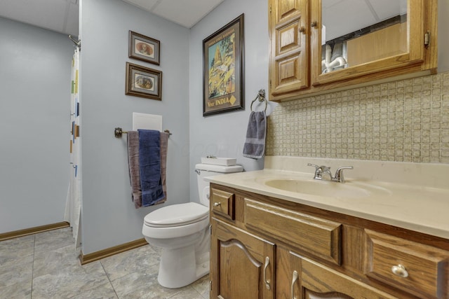1588 Constitution Dr, Newark, OH 43055 - bathroom with vanity, backsplash, a shower with curtain, and tile patterned floors