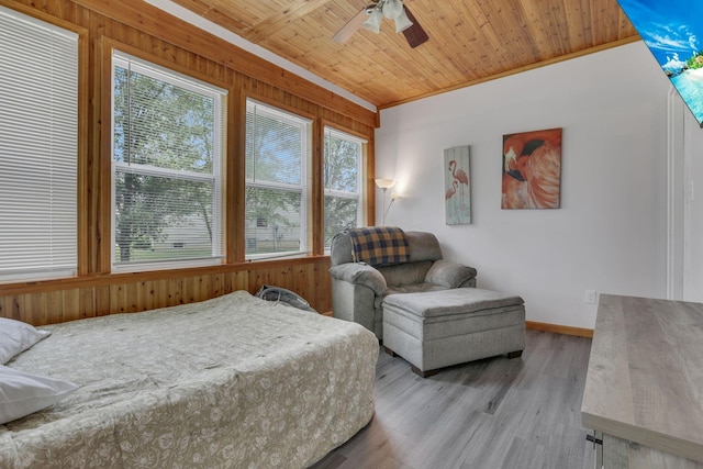 173 Zackary Dr, Granville, OH 43023 - bedroom featuring multiple windows, wood ceiling, light wood finished floors, wooden walls, and a ceiling fan