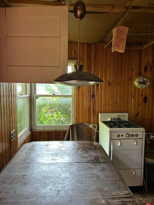 13428 King Rd NE, Thornville, OH 43076 - kitchen featuring white gas stove and wooden walls