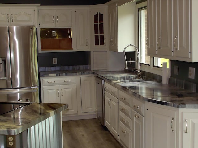 1110 Burr Oak Blvd, Nelsonville, OH 45764 - kitchen featuring stainless steel countertops, stainless steel appliances, open shelves, white cabinets, and wood finished floors