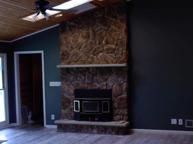 1110 Burr Oak Blvd, Nelsonville, OH 45764 - unfurnished living room with wooden ceiling, lofted ceiling, a ceiling fan, wood finished floors, and ornamental molding