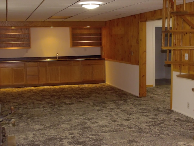 1110 Burr Oak Blvd, Nelsonville, OH 45764 - kitchen featuring wood walls, open shelves, dark carpet, and dark countertops